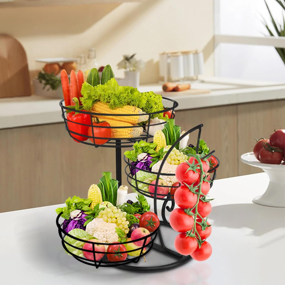 Fruit Basket Bowl with Banana Hanger, Fruit Vegetable Storage Basket with Banana Tree Holder for Kitchen Counter, Detachable Organizer for Bread Snack Produce (Black, 3-Tier Metal Base)