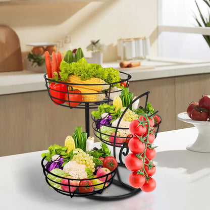 Fruit Basket Bowl with Banana Hanger, Fruit Vegetable Storage Basket with Banana Tree Holder for Kitchen Counter, Detachable Organizer for Bread Snack Produce (Black, 3-Tier Metal Base)
