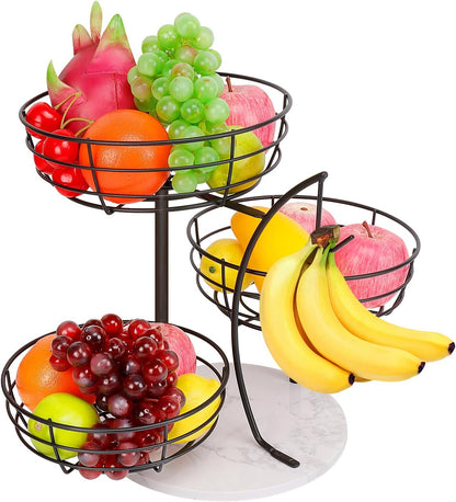Fruit Basket Bowl with Banana Hanger, Fruit Vegetable Storage Basket with Banana Tree Holder for Kitchen Counter, Detachable Organizer for Bread Snack Produce (Black, 3-Tier Metal Base)