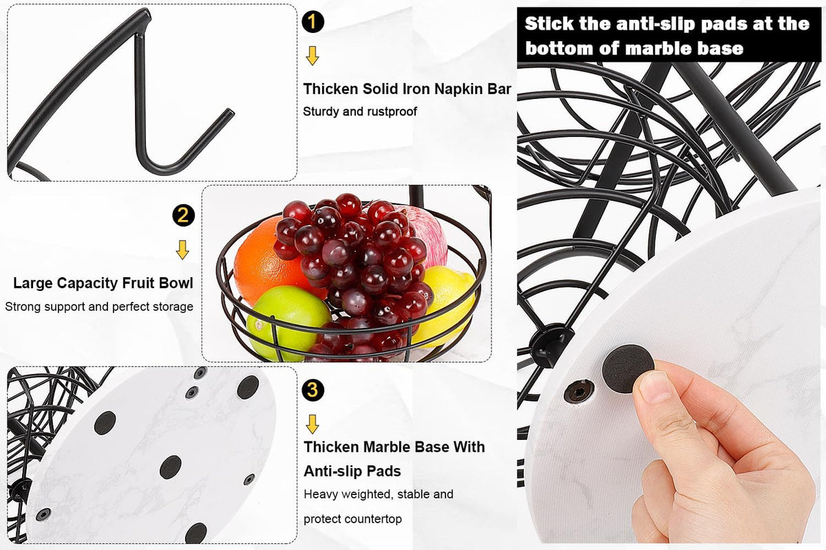 Fruit Basket Bowl with Banana Hanger, Fruit Vegetable Storage Basket with Banana Tree Holder for Kitchen Counter, Detachable Organizer for Bread Snack Produce (Black, 3-Tier Metal Base)