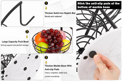 Fruit Basket Bowl with Banana Hanger, Fruit Vegetable Storage Basket with Banana Tree Holder for Kitchen Counter, Detachable Organizer for Bread Snack Produce (Black, 3-Tier Metal Base)