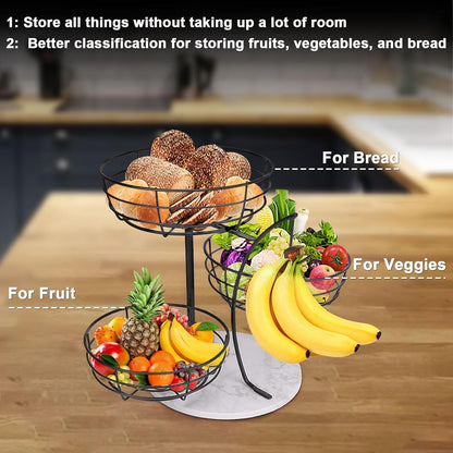 Fruit Basket Bowl with Banana Hanger, Fruit Vegetable Storage Basket with Banana Tree Holder for Kitchen Counter, Detachable Organizer for Bread Snack Produce (Black, 3-Tier Metal Base)