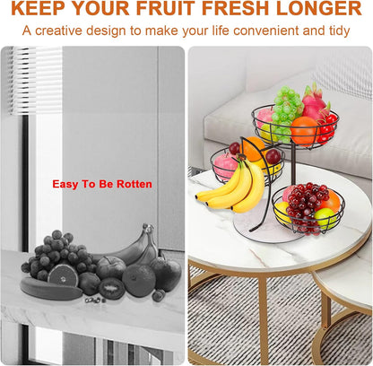 Fruit Basket Bowl with Banana Hanger, Fruit Vegetable Storage Basket with Banana Tree Holder for Kitchen Counter, Detachable Organizer for Bread Snack Produce (Black, 3-Tier Metal Base)