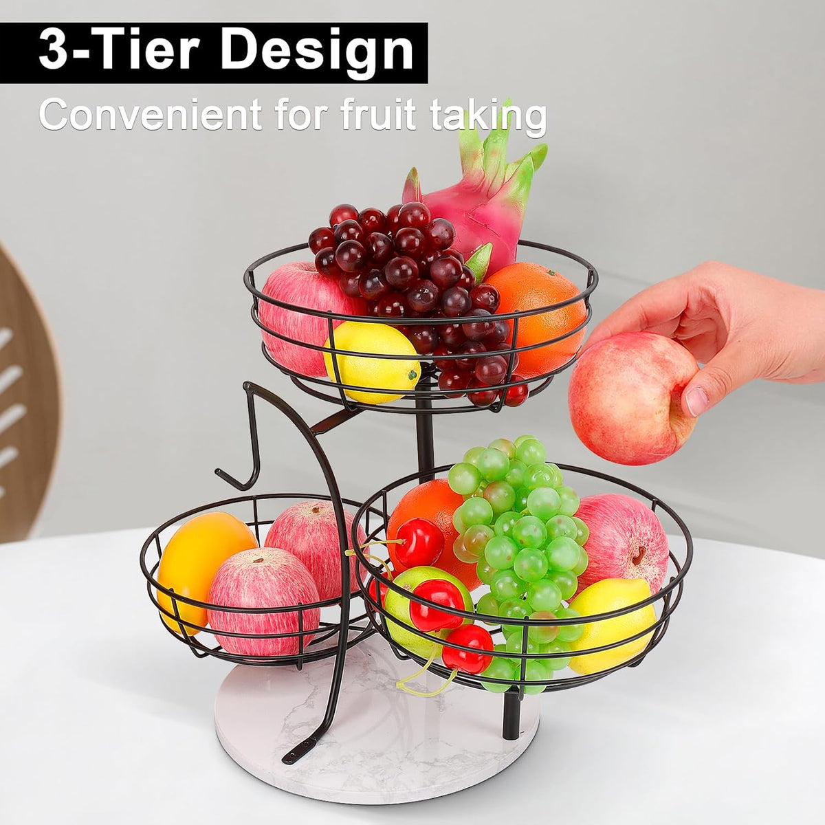 Fruit Basket Bowl with Banana Hanger, Fruit Vegetable Storage Basket with Banana Tree Holder for Kitchen Counter, Detachable Organizer for Bread Snack Produce (Black, 3-Tier Metal Base)