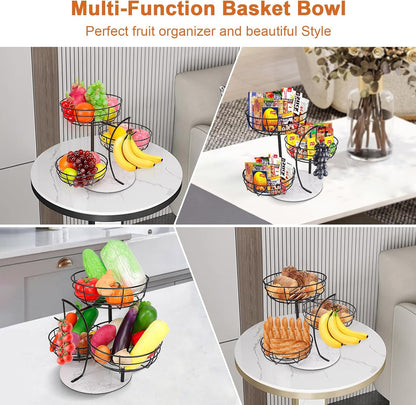 Fruit Basket Bowl with Banana Hanger, Fruit Vegetable Storage Basket with Banana Tree Holder for Kitchen Counter, Detachable Organizer for Bread Snack Produce (Black, 3-Tier Metal Base)