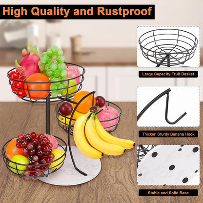 Fruit Basket Bowl with Banana Hanger, Fruit Vegetable Storage Basket with Banana Tree Holder for Kitchen Counter, Detachable Organizer for Bread Snack Produce (Black, 3-Tier Metal Base)