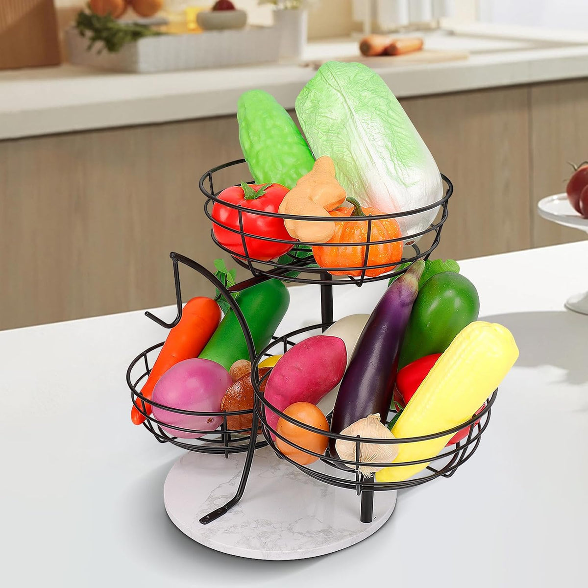 Fruit Basket Bowl with Banana Hanger, Fruit Vegetable Storage Basket with Banana Tree Holder for Kitchen Counter, Detachable Organizer for Bread Snack Produce (Black, 3-Tier Metal Base)