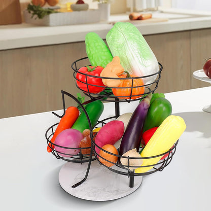 Fruit Basket Bowl with Banana Hanger, Fruit Vegetable Storage Basket with Banana Tree Holder for Kitchen Counter, Detachable Organizer for Bread Snack Produce (Black, 3-Tier Metal Base)