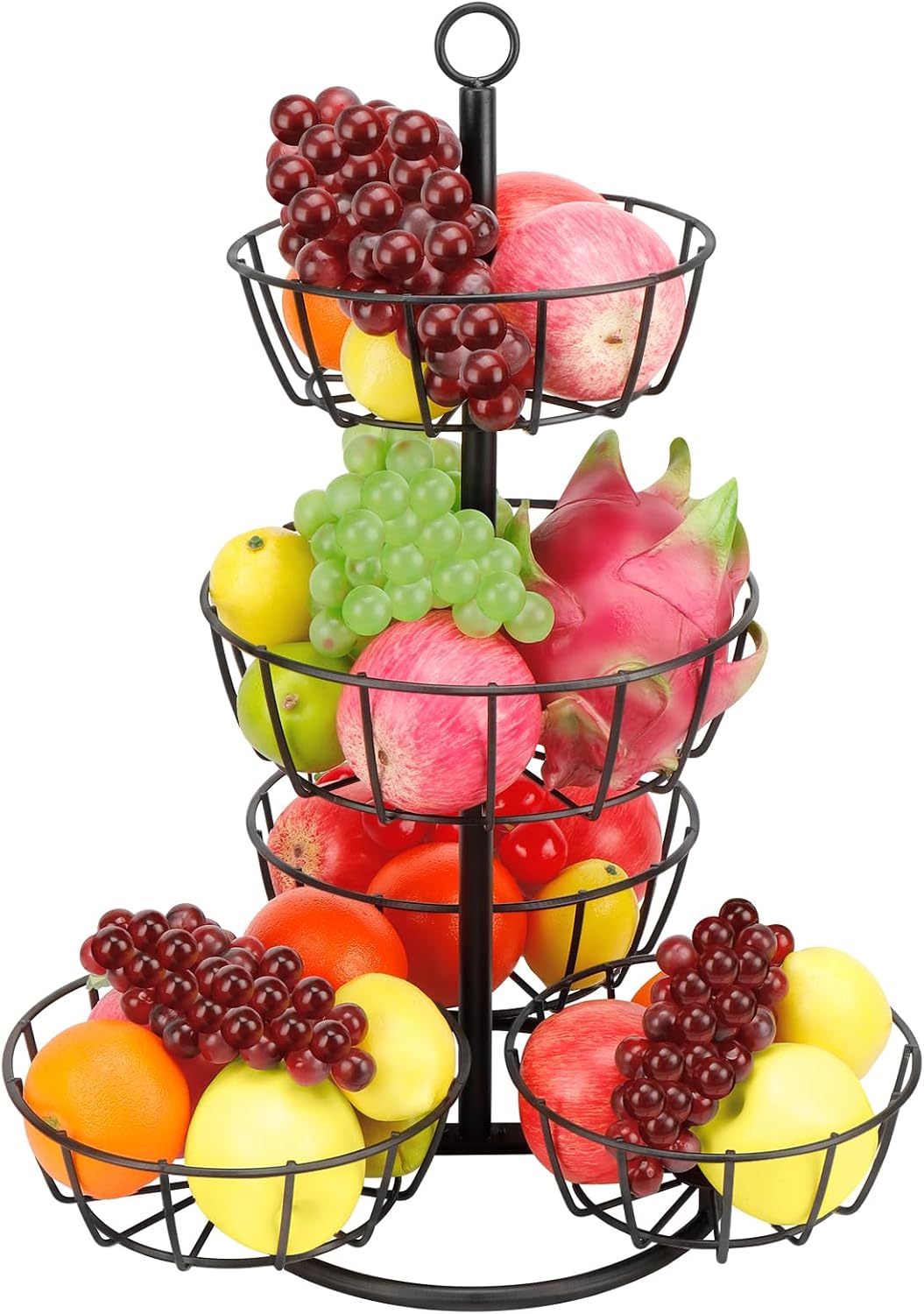 Fruit Basket Bowl with Banana Hanger, Fruit Vegetable Storage Basket with Banana Tree Holder for Kitchen Counter, Detachable Organizer for Bread Snack Produce (Black, 3-Tier Metal Base)