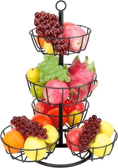 Fruit Basket Bowl with Banana Hanger, Fruit Vegetable Storage Basket with Banana Tree Holder for Kitchen Counter, Detachable Organizer for Bread Snack Produce (Black, 3-Tier Metal Base)