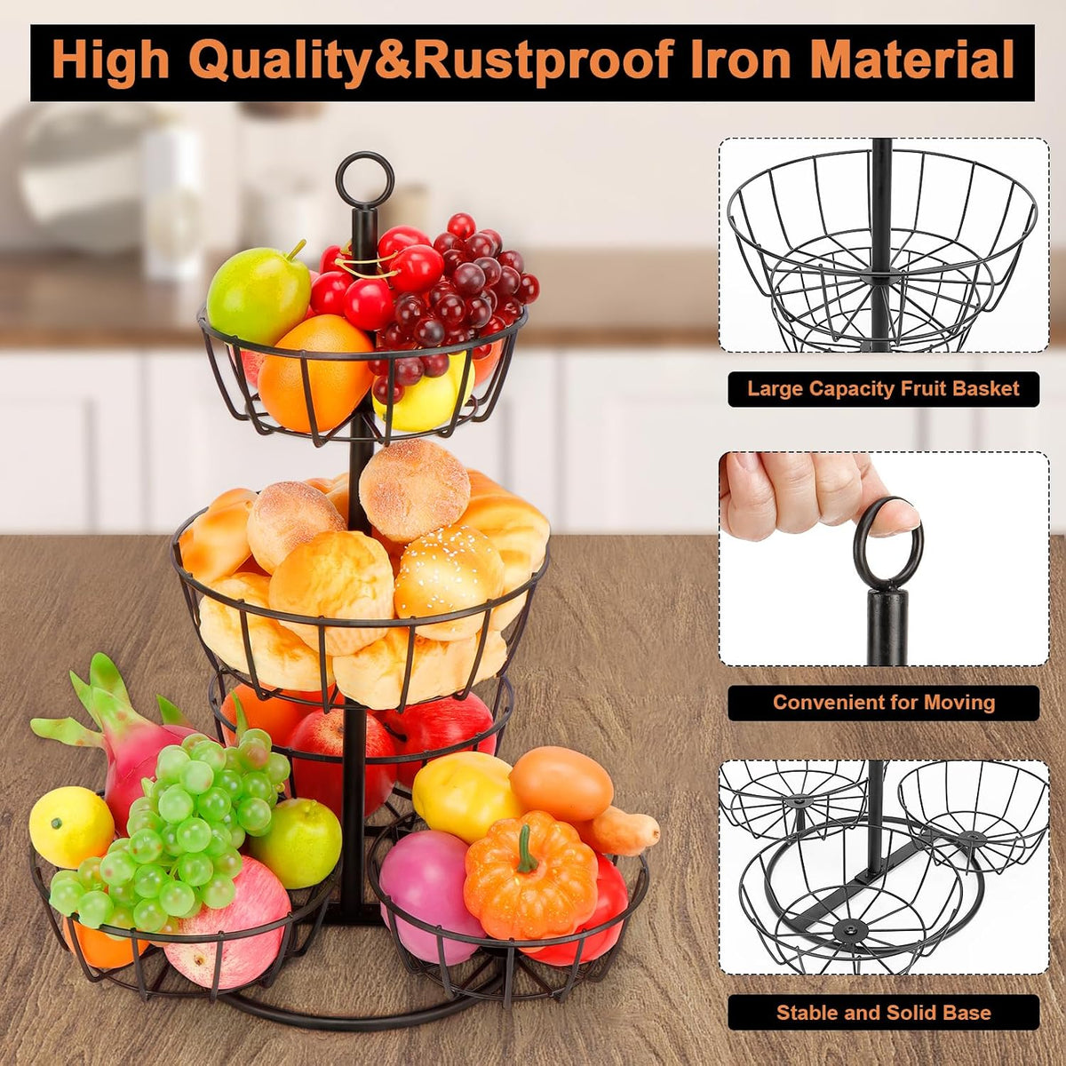 Fruit Basket Bowl with Banana Hanger, Fruit Vegetable Storage Basket with Banana Tree Holder for Kitchen Counter, Detachable Organizer for Bread Snack Produce (Black, 3-Tier Metal Base)