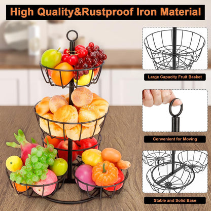 Fruit Basket Bowl with Banana Hanger, Fruit Vegetable Storage Basket with Banana Tree Holder for Kitchen Counter, Detachable Organizer for Bread Snack Produce (Black, 3-Tier Metal Base)