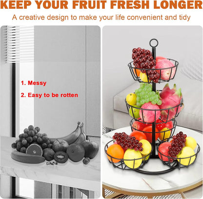 Fruit Basket Bowl with Banana Hanger, Fruit Vegetable Storage Basket with Banana Tree Holder for Kitchen Counter, Detachable Organizer for Bread Snack Produce (Black, 3-Tier Metal Base)