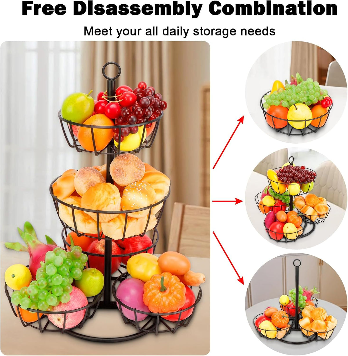 Fruit Basket Bowl with Banana Hanger, Fruit Vegetable Storage Basket with Banana Tree Holder for Kitchen Counter, Detachable Organizer for Bread Snack Produce (Black, 3-Tier Metal Base)