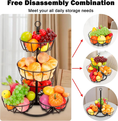 Fruit Basket Bowl with Banana Hanger, Fruit Vegetable Storage Basket with Banana Tree Holder for Kitchen Counter, Detachable Organizer for Bread Snack Produce (Black, 3-Tier Metal Base)
