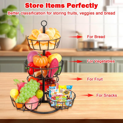 Fruit Basket Bowl with Banana Hanger, Fruit Vegetable Storage Basket with Banana Tree Holder for Kitchen Counter, Detachable Organizer for Bread Snack Produce (Black, 3-Tier Metal Base)