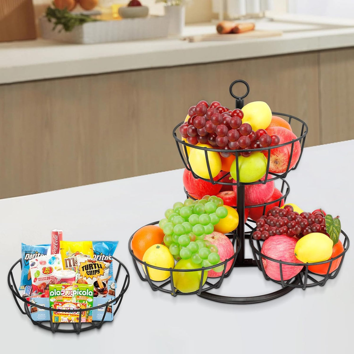 Fruit Basket Bowl with Banana Hanger, Fruit Vegetable Storage Basket with Banana Tree Holder for Kitchen Counter, Detachable Organizer for Bread Snack Produce (Black, 3-Tier Metal Base)