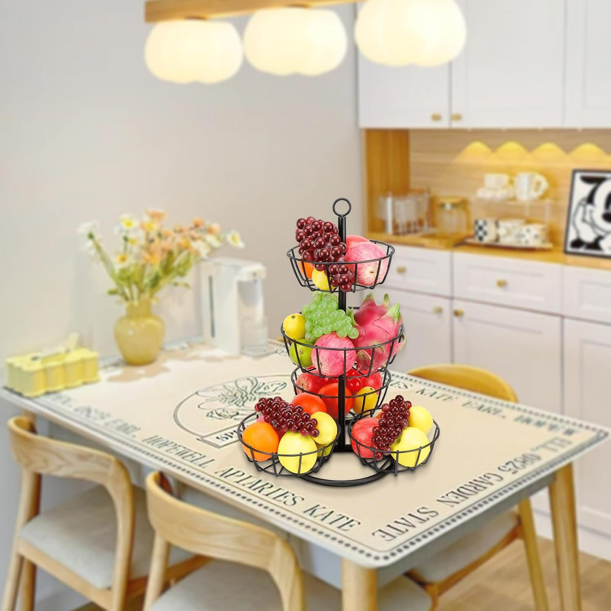 Fruit Basket Bowl with Banana Hanger, Fruit Vegetable Storage Basket with Banana Tree Holder for Kitchen Counter, Detachable Organizer for Bread Snack Produce (Black, 3-Tier Metal Base)