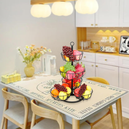 Fruit Basket Bowl with Banana Hanger, Fruit Vegetable Storage Basket with Banana Tree Holder for Kitchen Counter, Detachable Organizer for Bread Snack Produce (Black, 3-Tier Metal Base)
