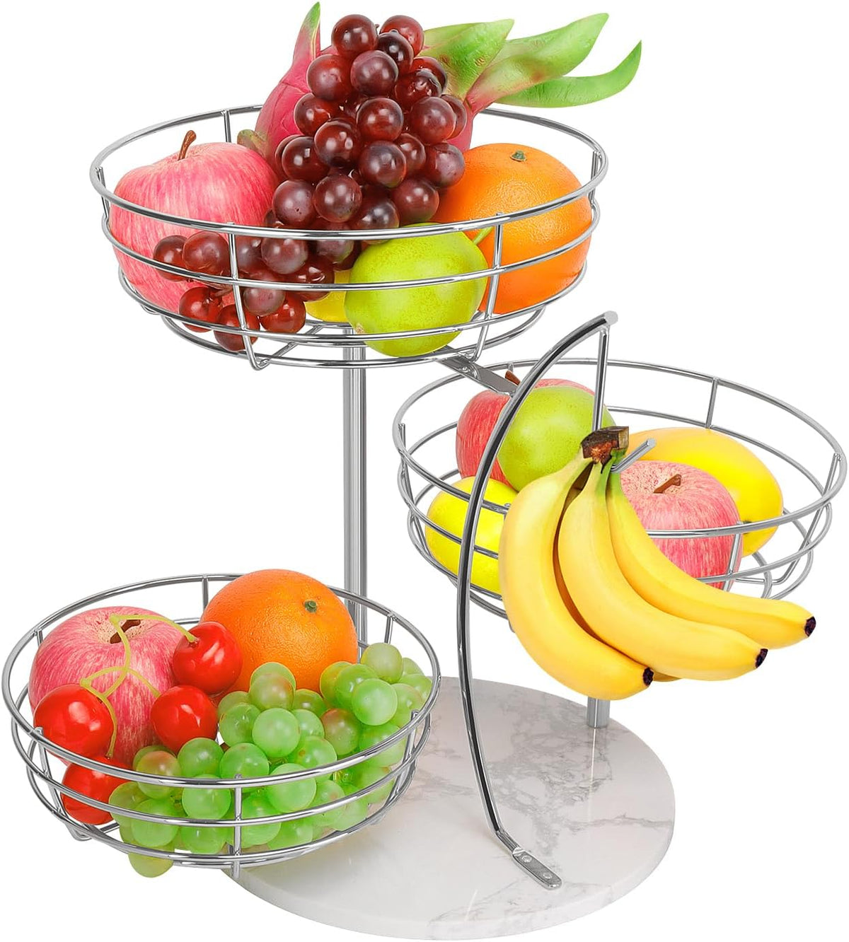 Fruit Basket Bowl with Banana Hanger, Fruit Vegetable Storage Basket with Banana Tree Holder for Kitchen Counter, Detachable Organizer for Bread Snack Produce (Black, 3-Tier Metal Base)