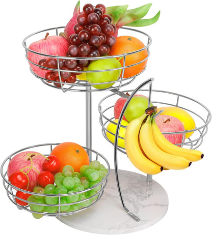 Fruit Basket Bowl with Banana Hanger, Fruit Vegetable Storage Basket with Banana Tree Holder for Kitchen Counter, Detachable Organizer for Bread Snack Produce (Black, 3-Tier Metal Base)