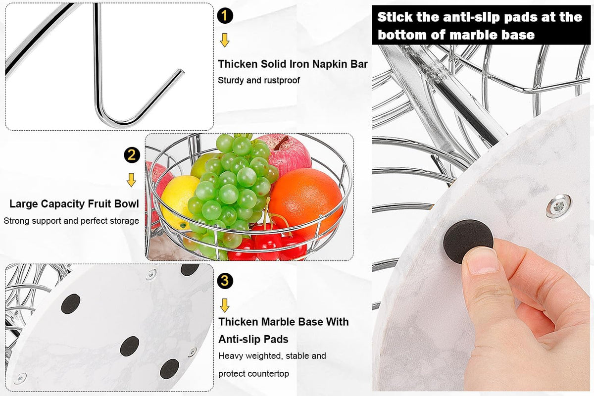 Fruit Basket Bowl with Banana Hanger, Fruit Vegetable Storage Basket with Banana Tree Holder for Kitchen Counter, Detachable Organizer for Bread Snack Produce (Black, 3-Tier Metal Base)