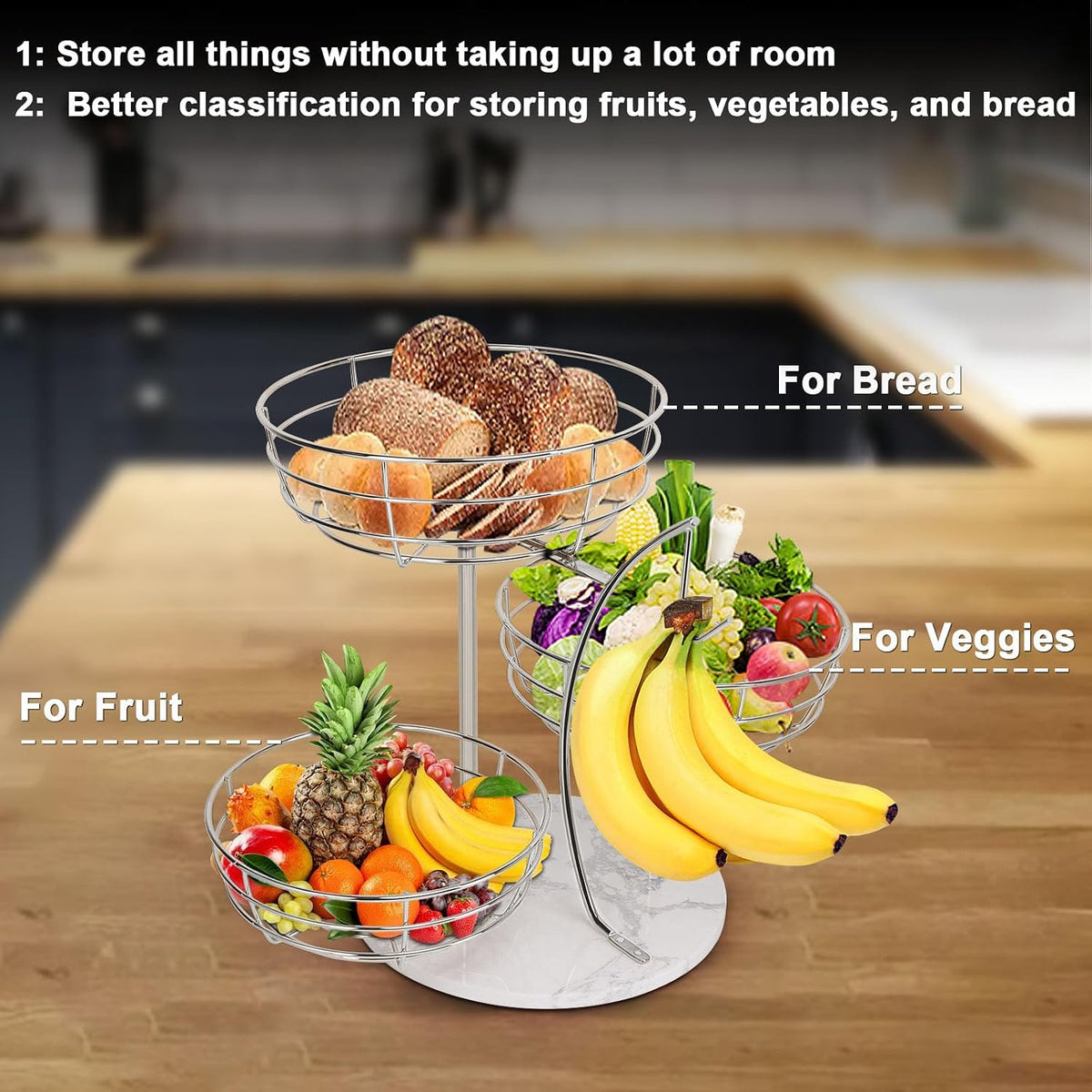 Fruit Basket Bowl with Banana Hanger, Fruit Vegetable Storage Basket with Banana Tree Holder for Kitchen Counter, Detachable Organizer for Bread Snack Produce (Black, 3-Tier Metal Base)