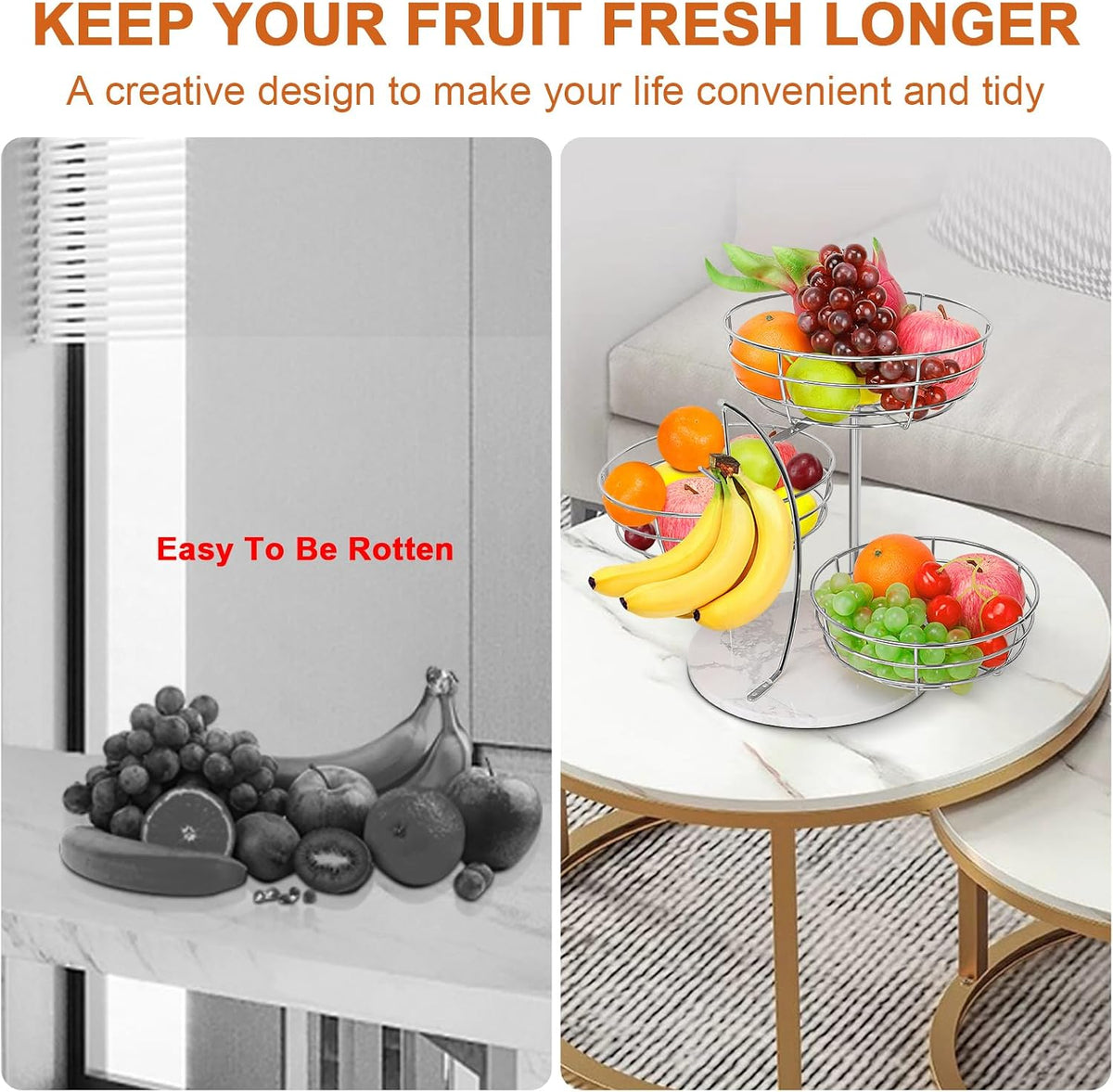 Fruit Basket Bowl with Banana Hanger, Fruit Vegetable Storage Basket with Banana Tree Holder for Kitchen Counter, Detachable Organizer for Bread Snack Produce (Black, 3-Tier Metal Base)