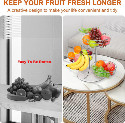Fruit Basket Bowl with Banana Hanger, Fruit Vegetable Storage Basket with Banana Tree Holder for Kitchen Counter, Detachable Organizer for Bread Snack Produce (Black, 3-Tier Metal Base)
