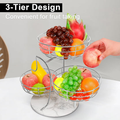 Fruit Basket Bowl with Banana Hanger, Fruit Vegetable Storage Basket with Banana Tree Holder for Kitchen Counter, Detachable Organizer for Bread Snack Produce (Black, 3-Tier Metal Base)
