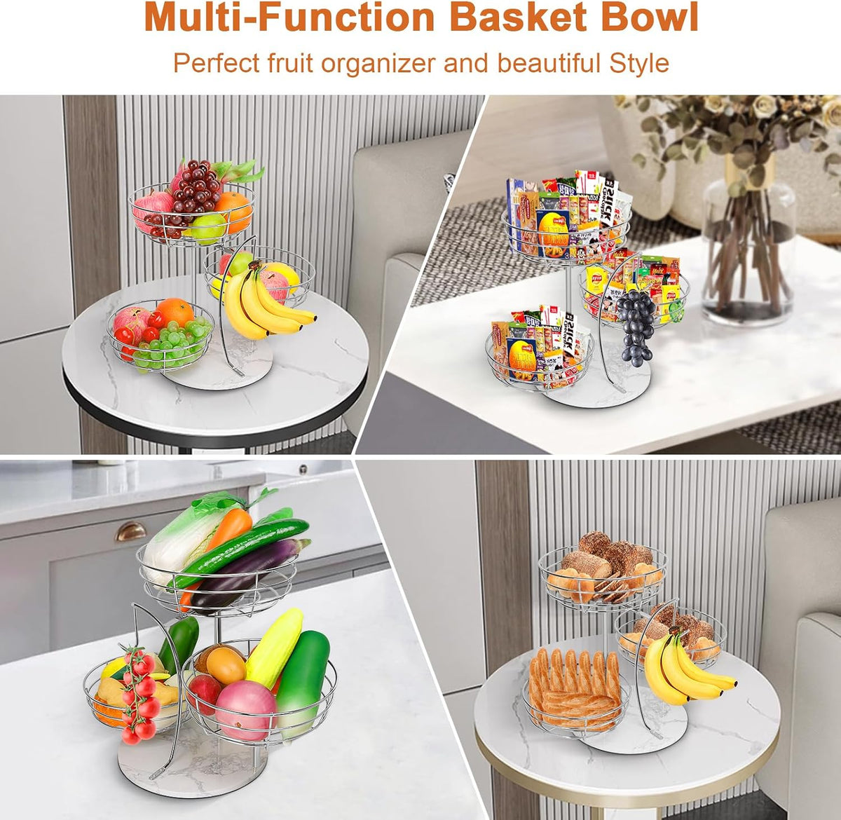 Fruit Basket Bowl with Banana Hanger, Fruit Vegetable Storage Basket with Banana Tree Holder for Kitchen Counter, Detachable Organizer for Bread Snack Produce (Black, 3-Tier Metal Base)