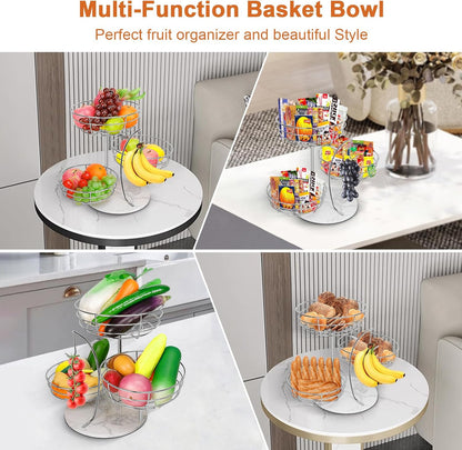 Fruit Basket Bowl with Banana Hanger, Fruit Vegetable Storage Basket with Banana Tree Holder for Kitchen Counter, Detachable Organizer for Bread Snack Produce (Black, 3-Tier Metal Base)