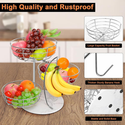 Fruit Basket Bowl with Banana Hanger, Fruit Vegetable Storage Basket with Banana Tree Holder for Kitchen Counter, Detachable Organizer for Bread Snack Produce (Black, 3-Tier Metal Base)