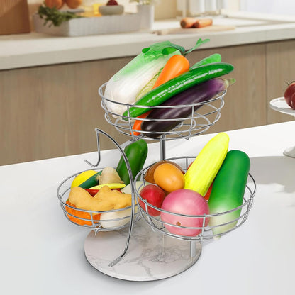 Fruit Basket Bowl with Banana Hanger, Fruit Vegetable Storage Basket with Banana Tree Holder for Kitchen Counter, Detachable Organizer for Bread Snack Produce (Black, 3-Tier Metal Base)