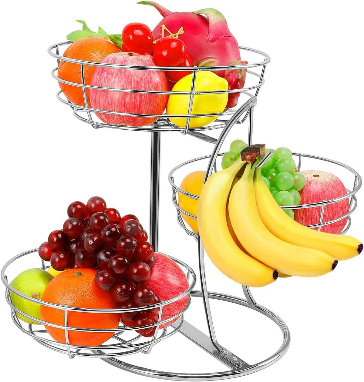 Fruit Basket Bowl with Banana Hanger, Fruit Vegetable Storage Basket with Banana Tree Holder for Kitchen Counter, Detachable Organizer for Bread Snack Produce (Black, 3-Tier Metal Base)