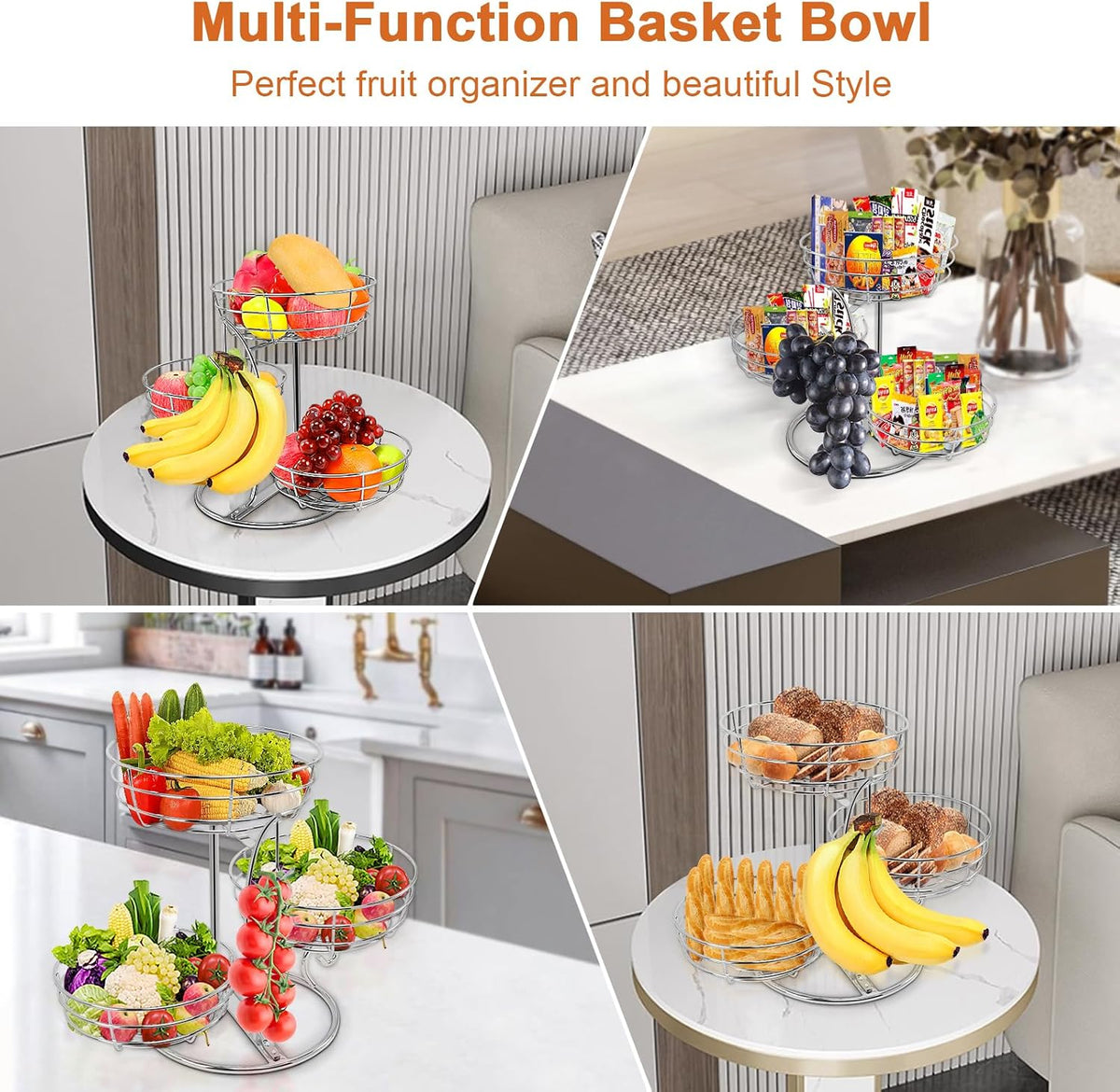 Fruit Basket Bowl with Banana Hanger, Fruit Vegetable Storage Basket with Banana Tree Holder for Kitchen Counter, Detachable Organizer for Bread Snack Produce (Black, 3-Tier Metal Base)