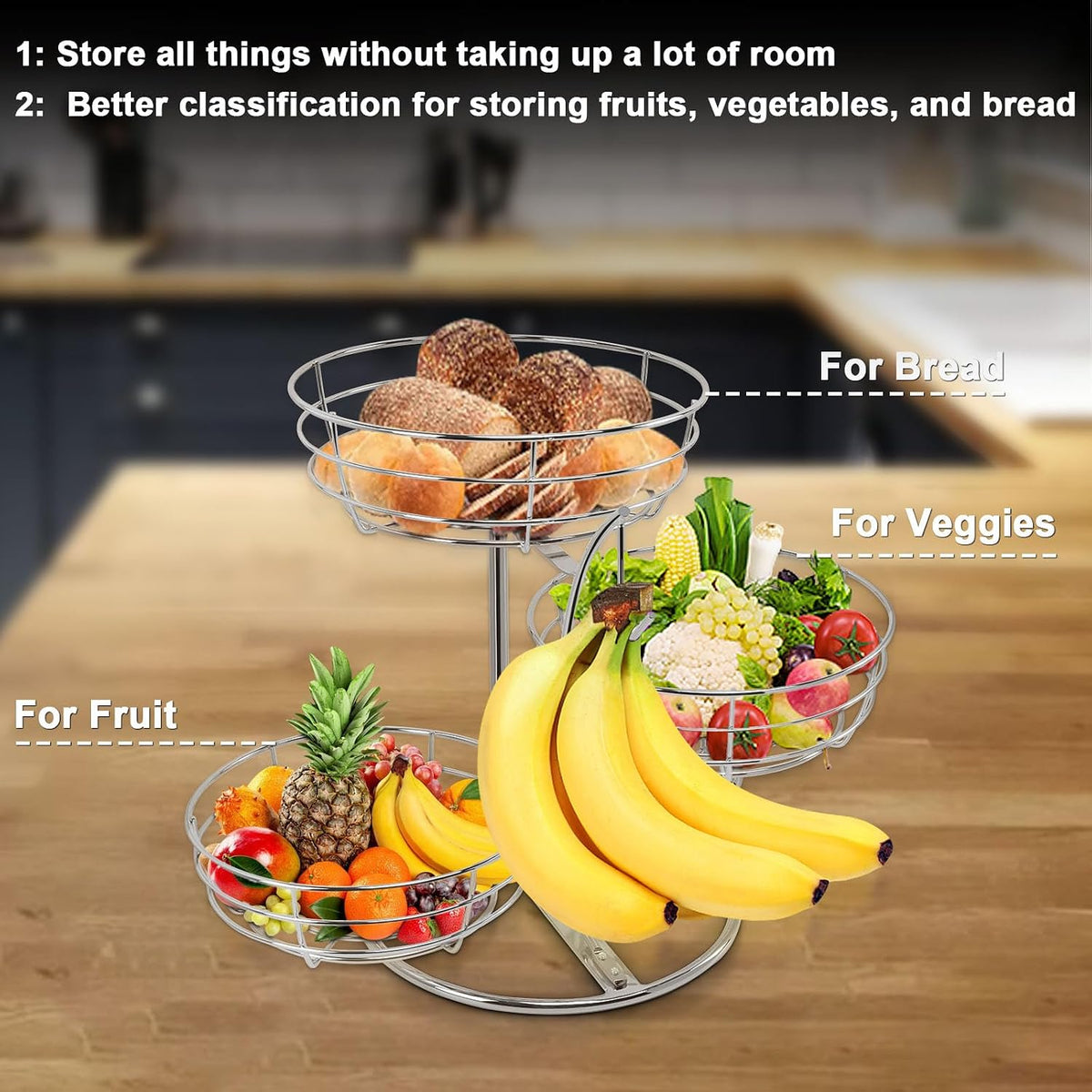 Fruit Basket Bowl with Banana Hanger, Fruit Vegetable Storage Basket with Banana Tree Holder for Kitchen Counter, Detachable Organizer for Bread Snack Produce (Black, 3-Tier Metal Base)