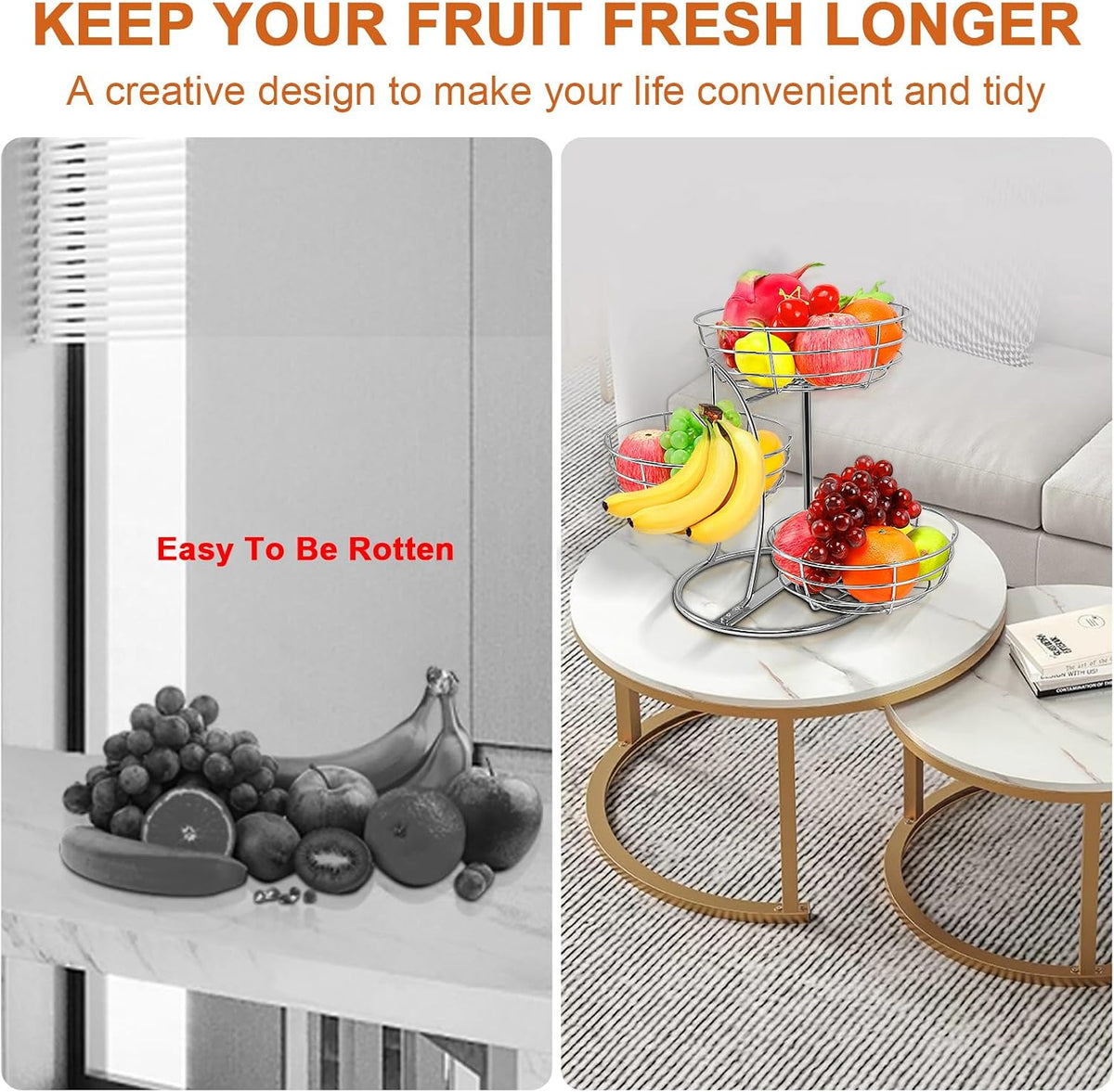 Fruit Basket Bowl with Banana Hanger, Fruit Vegetable Storage Basket with Banana Tree Holder for Kitchen Counter, Detachable Organizer for Bread Snack Produce (Black, 3-Tier Metal Base)