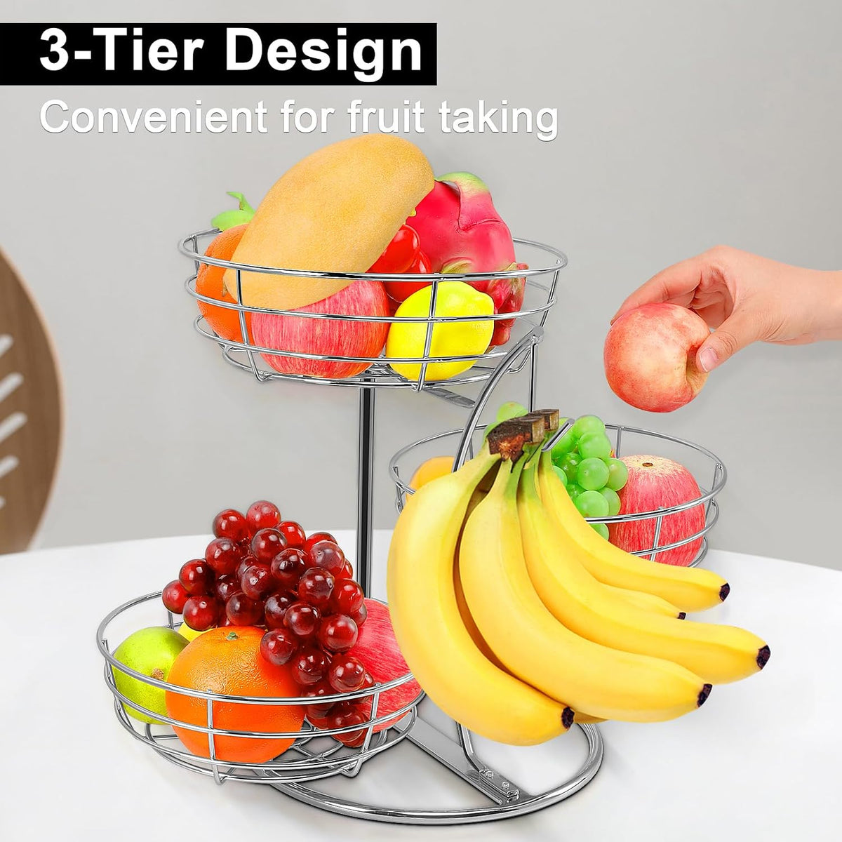 Fruit Basket Bowl with Banana Hanger, Fruit Vegetable Storage Basket with Banana Tree Holder for Kitchen Counter, Detachable Organizer for Bread Snack Produce (Black, 3-Tier Metal Base)