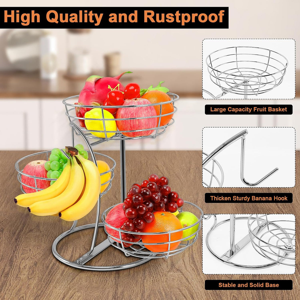 Fruit Basket Bowl with Banana Hanger, Fruit Vegetable Storage Basket with Banana Tree Holder for Kitchen Counter, Detachable Organizer for Bread Snack Produce (Black, 3-Tier Metal Base)