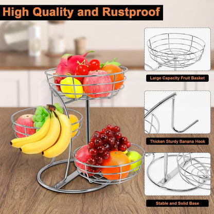 Fruit Basket Bowl with Banana Hanger, Fruit Vegetable Storage Basket with Banana Tree Holder for Kitchen Counter, Detachable Organizer for Bread Snack Produce (Black, 3-Tier Metal Base)
