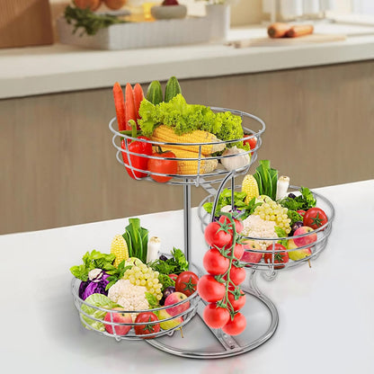 Fruit Basket Bowl with Banana Hanger, Fruit Vegetable Storage Basket with Banana Tree Holder for Kitchen Counter, Detachable Organizer for Bread Snack Produce (Black, 3-Tier Metal Base)