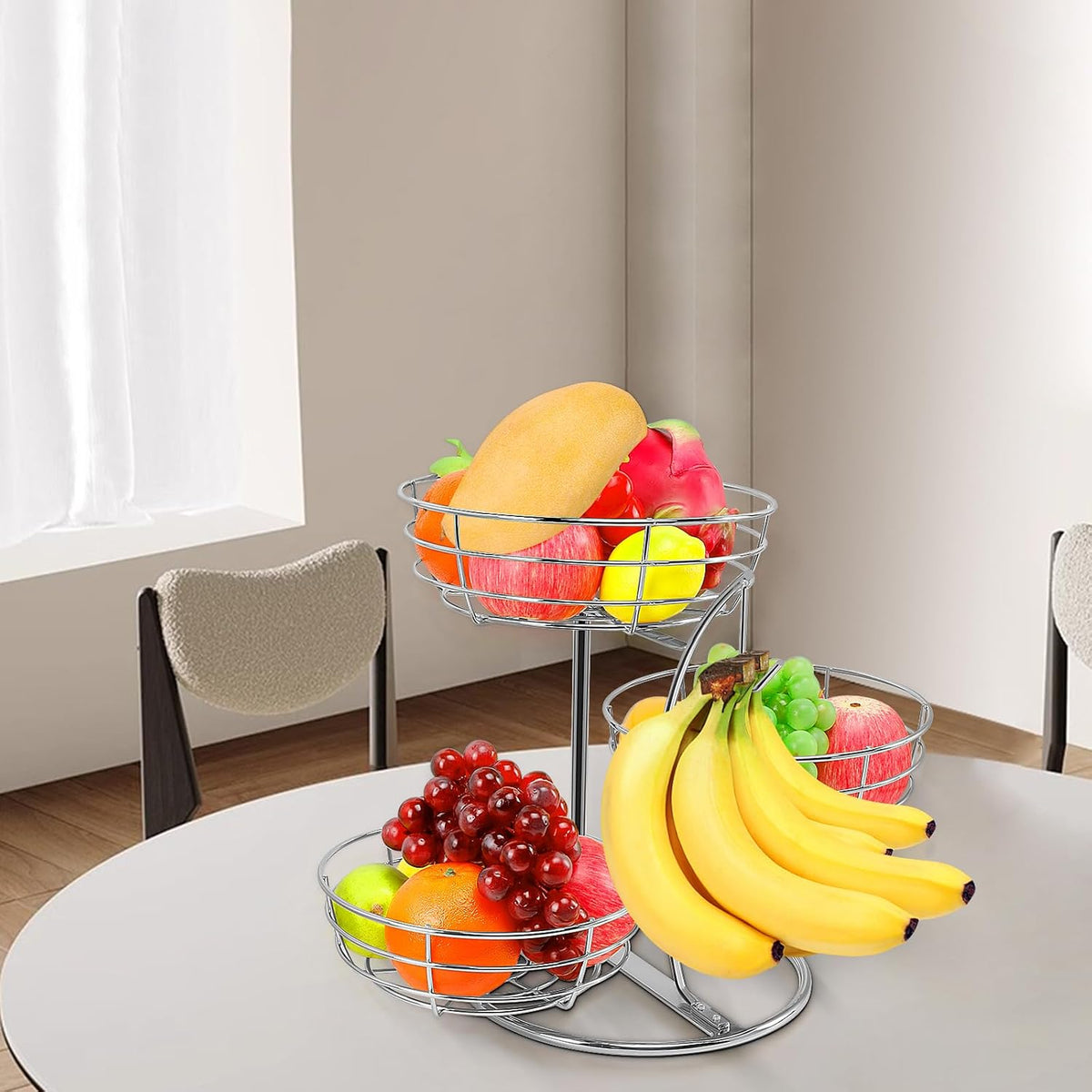 Fruit Basket Bowl with Banana Hanger, Fruit Vegetable Storage Basket with Banana Tree Holder for Kitchen Counter, Detachable Organizer for Bread Snack Produce (Black, 3-Tier Metal Base)