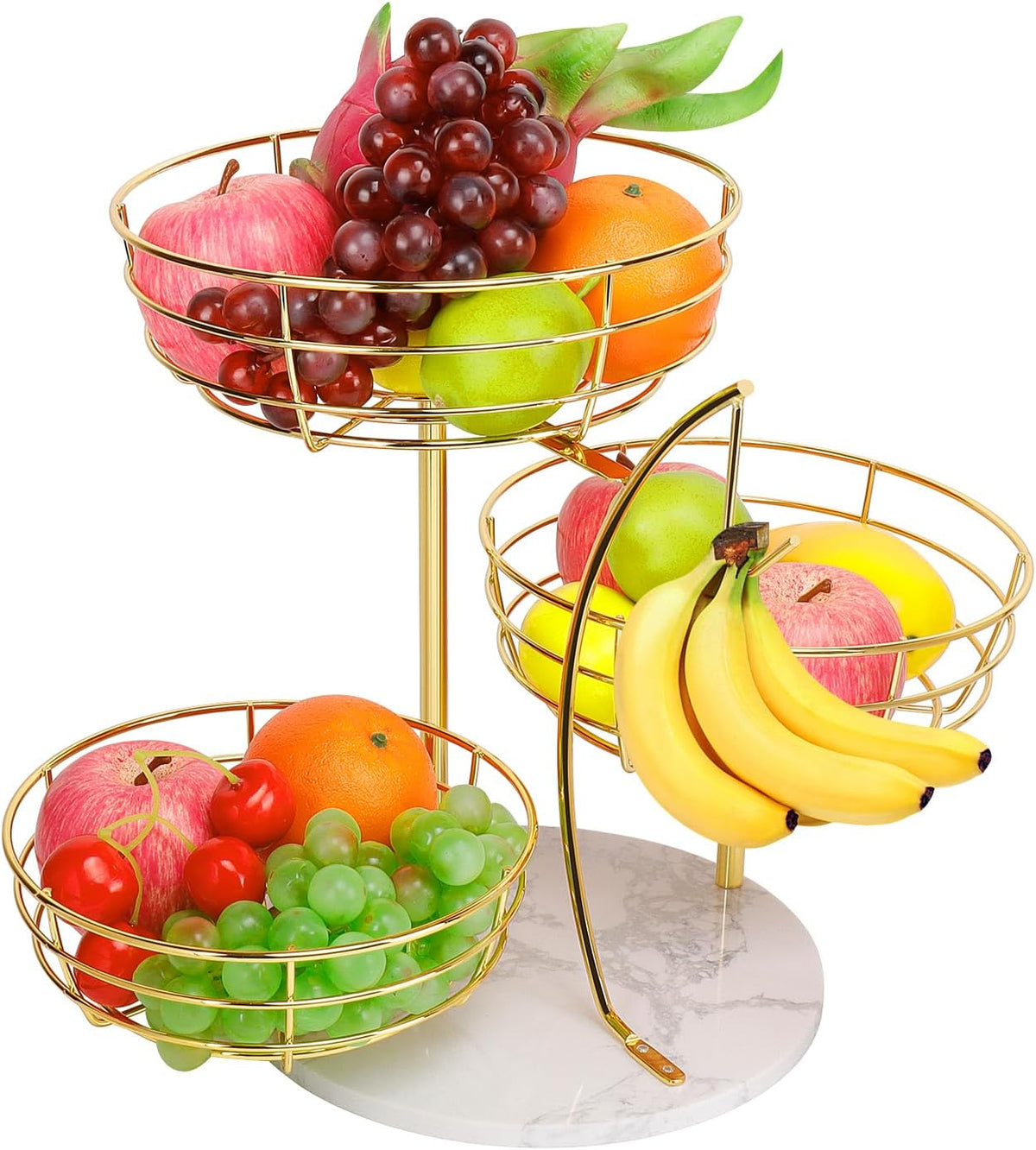 Fruit Basket Bowl with Banana Hanger, Fruit Vegetable Storage Basket with Banana Tree Holder for Kitchen Counter, Detachable Organizer for Bread Snack Produce (Black, 3-Tier Metal Base)