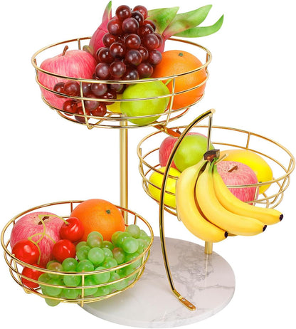 Fruit Basket Bowl with Banana Hanger, Fruit Vegetable Storage Basket with Banana Tree Holder for Kitchen Counter, Detachable Organizer for Bread Snack Produce (Black, 3-Tier Metal Base)