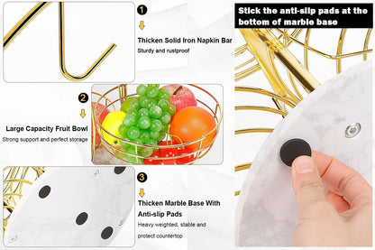 Fruit Basket Bowl with Banana Hanger, Fruit Vegetable Storage Basket with Banana Tree Holder for Kitchen Counter, Detachable Organizer for Bread Snack Produce (Black, 3-Tier Metal Base)