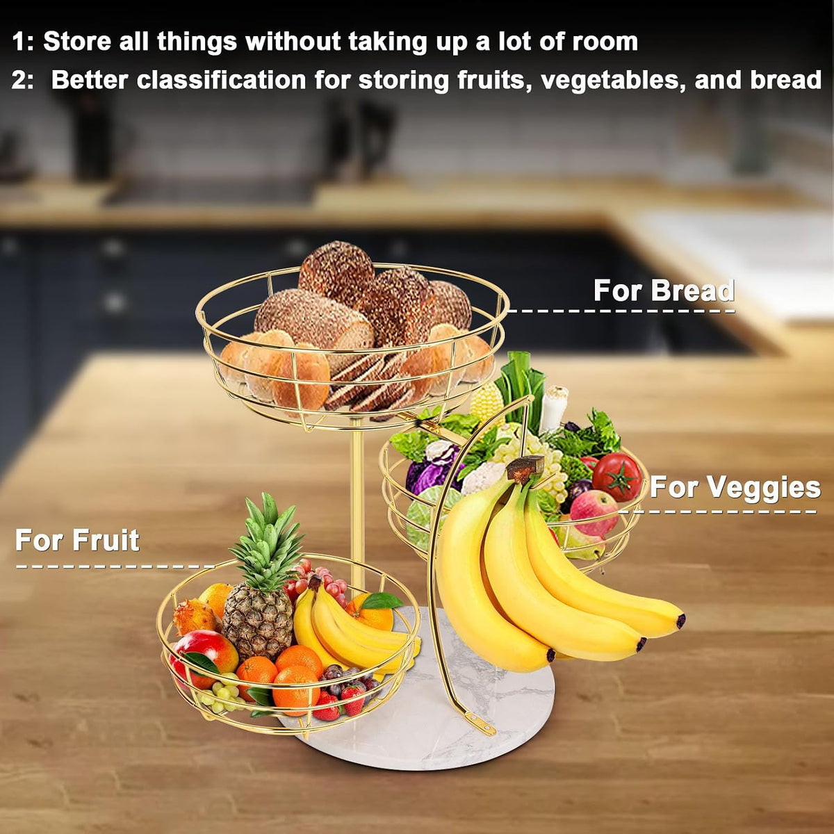 Fruit Basket Bowl with Banana Hanger, Fruit Vegetable Storage Basket with Banana Tree Holder for Kitchen Counter, Detachable Organizer for Bread Snack Produce (Black, 3-Tier Metal Base)