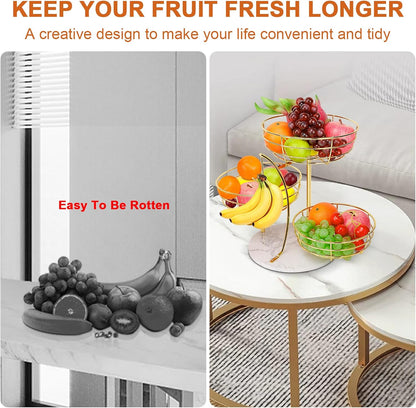 Fruit Basket Bowl with Banana Hanger, Fruit Vegetable Storage Basket with Banana Tree Holder for Kitchen Counter, Detachable Organizer for Bread Snack Produce (Black, 3-Tier Metal Base)