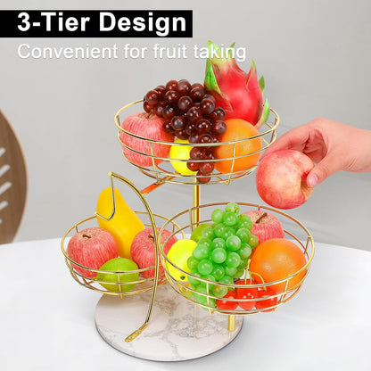 Fruit Basket Bowl with Banana Hanger, Fruit Vegetable Storage Basket with Banana Tree Holder for Kitchen Counter, Detachable Organizer for Bread Snack Produce (Black, 3-Tier Metal Base)