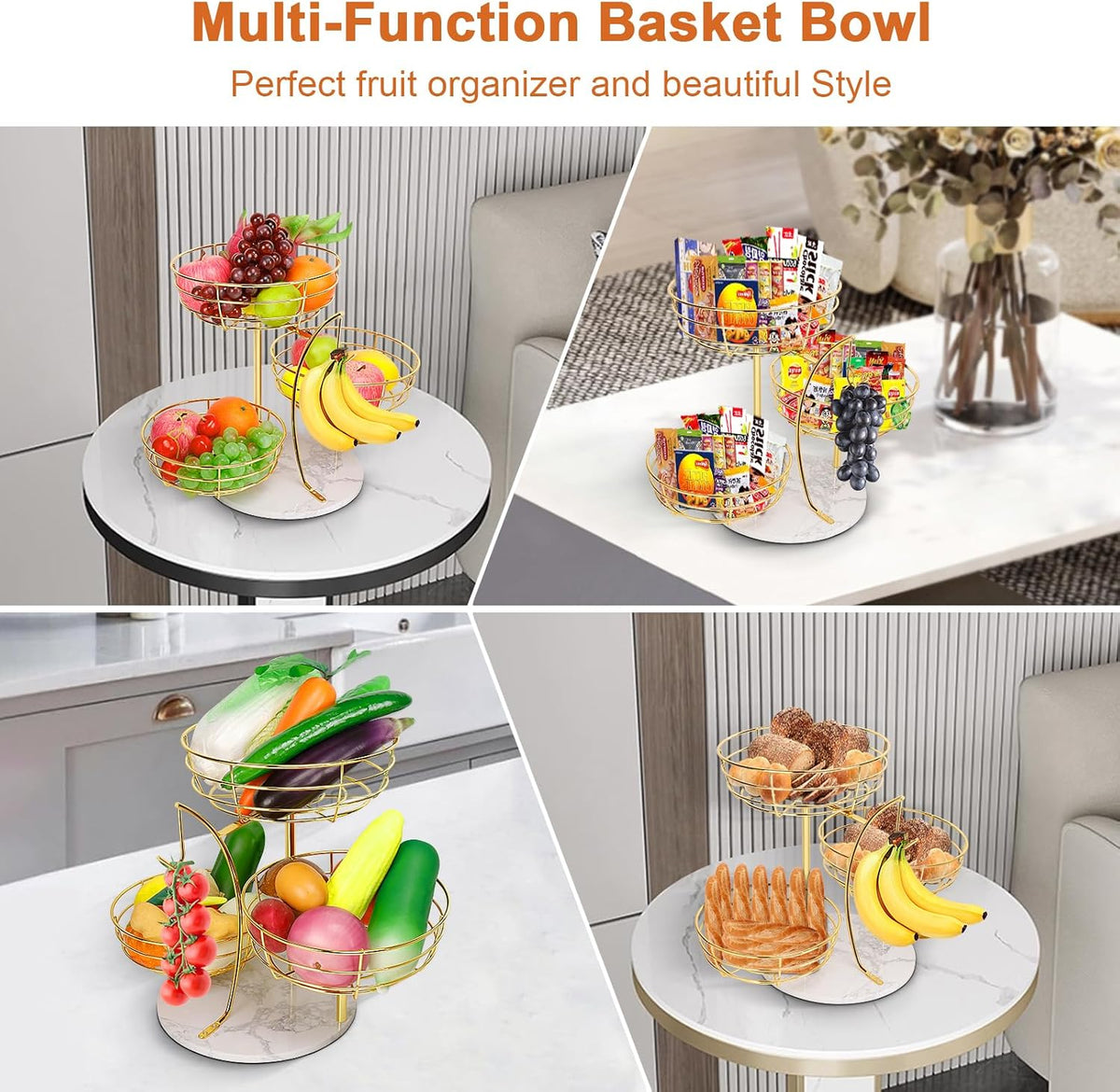 Fruit Basket Bowl with Banana Hanger, Fruit Vegetable Storage Basket with Banana Tree Holder for Kitchen Counter, Detachable Organizer for Bread Snack Produce (Black, 3-Tier Metal Base)